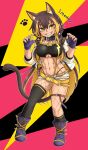  1girl abs absurdres animal_ears belt belt_buckle blonde_hair breasts brown_hair buckle cat_ears cat_girl cat_tail commentary_request fingerless_gloves full_body gloves hair_between_eyes highres indie_virtual_youtuber large_breasts long_hair looking_at_viewer midriff multicolored_hair nekoyo_chloe parted_lips paw_pose paw_print short_shorts shorts single_thighhigh smile solo standing tail teeth thigh-highs thigh_strap two-tone_hair virtual_youtuber xnuesanx yellow_eyes 