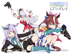  3girls animal_ears boots brown_hair clothes_theft epaulettes gold_ship_(umamusume) hat horse_ears horse_tail long_hair mejiro_mcqueen_(umamusume) multiple_girls odawara_hakone ponytail purple_hair shoes_removed silver_hair skirt socks squatting tail theft tokai_teio_(umamusume) umamusume 