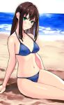  1girl arm_support beach bikini blue_bikini breasts brown_hair day green_eyes idolmaster idolmaster_cinderella_girls long_hair medium_breasts navel ocean outdoors sand shibuya_rin sitting smile solo swimsuit yu_65026 