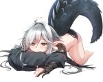 1girl :&lt; absurdres ahoge aoinu_(aoinu_99) arknights black_panties black_shirt commentary crocodilian_tail crop_top full_body gloves grey_hair highres looking_at_viewer panties partially_fingerless_gloves pillow pointy_ears shirt short_hair simple_background solo tail tomimi_(arknights) top-down_bottom-up underwear white_background yellow_eyes