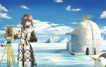  1girl animal antarctica arknights bird blue_sky brown_hair chinese_commentary clouds cloudy_sky coat commentary gloves highres igloo looking_at_animal magallan_(arknights) mask mask_around_neck mountain penguin short_hair sin. sky smile snow snow_shelter solo squinting theodolite white_coat white_gloves white_hair yellow_eyes 