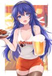  1girl alcohol bangs banned_artist bare_arms bare_shoulders beer beer_mug blue_eyes blue_hair collarbone commentary_request commission cowboy_shot cup fire_emblem fire_emblem_awakening hair_between_eyes hand_up highres holding holding_cup hooters long_hair looking_at_viewer lucina_(fire_emblem) mug open_mouth orange_shorts shimizu_akina short_shorts shorts skeb_commission solo standing tank_top thigh-highs thighs tiara white_tank_top 