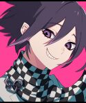  1boy absurdres bangs black_hair black_scarf checkered checkered_background checkered_neckwear checkered_scarf dangan_ronpa_(series) dangan_ronpa_v3:_killing_harmony face grey_jacket grin hair_between_eyes highres jacket looking_at_viewer male_focus nyu_(bbpp08) ouma_kokichi pink_background pink_eyes portrait scarf smile solo teeth white_scarf 