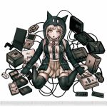  1girl :o animal_hood backpack bag bangs black_jacket black_shirt blunt_bangs breasts brown_skirt cat_hood collared_shirt controller dangan_ronpa_(series) dangan_ronpa_2:_goodbye_despair game_boy game_boy_advance game_console game_controller grey_background hair_ornament hairclip handheld_game_console hood hood_up jacket komatsuzaki_rui large_breasts light_brown_hair long_sleeves looking_at_viewer nanami_chiaki neck_ribbon official_art official_style open_clothes open_jacket open_mouth pink_footwear pink_ribbon playstation pleated_skirt ribbon shiny shiny_hair shirt shirt_tucked_in shoes simple_background sitting skirt sleeves_past_wrists smile solo thigh-highs two-tone_shirt upper_teeth wariza white_shirt xbox zettai_ryouiki 