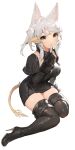  1girl akizone animal_ears au_ra black_gloves black_legwear breasts brown_eyes cheeze_(akizone) final_fantasy final_fantasy_xiv finger_to_mouth fingerless_gloves fingernails full_body gloves highres index_finger_raised large_breasts looking_at_viewer original short_hair shushing sidelocks simple_background solo tail thigh-highs thighs white_background white_hair 