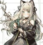  1girl animal_ears arknights bare_shoulders black_bow black_dress black_jacket blush bow cat_ears character_name dress en_(shisui_no_utage) green_eyes hair_bow holding holding_wand infection_monitor_(arknights) jacket long_hair looking_at_viewer mint_(arknights) one-hour_drawing_challenge solo spaghetti_strap upper_body wand white_hair 
