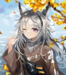  1girl alternate_costume animal_ears arknights bangs brown_shirt day grani_(arknights) grey_hair grin hair_between_eyes hat highres horse_ears horse_girl long_hair long_sleeves looking_at_viewer one_eye_closed out_of_frame parted_lips red_eyes ribbed_sweater shirt smile solo spacelongcat sweater tree turtleneck turtleneck_sweater upper_body very_long_hair violet_eyes w white_sweater 