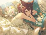  animal_ears anthuria bangs bare_shoulders blush breasts bride dress erune eyebrows_visible_through_hair flower granblue_fantasy hair_ornament looking_at_viewer lying official_art parted_lips red_eyes redhead wedding_dress 