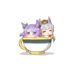  2girls :&gt; =_= animal_ears bangs bow brown_headwear closed_eyes cup ear_bow ear_covers gold_ship_(umamusume) green_bow grey_hair hat horse_ears in_container in_cup long_hair mejiro_mcqueen_(umamusume) mini_hat minigirl multiple_girls parted_lips purple_hair rebecca_(keinelove) shadow short_eyebrows teacup thick_eyebrows triangle_mouth umamusume v-shaped_eyebrows violet_eyes 