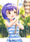  1girl ahoge bare_shoulders blue_hair blurry blurry_background bow child dark_blue_hair dress eyebrows_visible_through_hair fang fish fishing fishing_rod gochuumon_wa_usagi_desu_ka? hair_bow highres jouga_maya open_mouth outdoors painter-lhb short_hair sleeveless smile solo yellow_eyes 