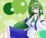  1girl bangs blue_skirt breasts collared_shirt commentary cookie_(touhou) cross detached_sleeves eyebrows_visible_through_hair eyes_visible_through_hair facepaint feet_out_of_frame frog_hair_ornament green_background green_eyes green_hair hair_between_eyes hair_ornament hair_tubes highres jom0 kochiya_sanae long_hair looking_at_viewer medium_breasts nontraditional_miko open_mouth paseri_(cookie) shiny shiny_skin shirt skirt sleeveless sleeveless_shirt smile snake_hair_ornament solo touhou white_shirt 