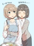  2girls absurdres apron betock blue_eyes blush bob_cut brown_hair closed_eyes cooking highres hug hug_from_behind multiple_girls open_mouth original ponytail pot short_hair yuri 