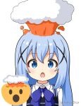  1girl :o blue_bow blue_eyes blue_hair blue_vest blush bow collared_shirt commentary_request emoji explosion gochuumon_wa_usagi_desu_ka? hair_ornament kafuu_chino long_hair miicha open_mouth rabbit_house_uniform shirt simple_background solo twitter_username uniform upper_body vest waitress white_background white_shirt x_hair_ornament 