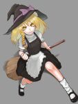  1girl bangs black_footwear black_headwear black_skirt black_vest blonde_hair bow braid broom clenched_hand closed_mouth commentary_request cookie_(touhou) full_body grey_background hair_bow hat hat_bow highres holding holding_broom johnnyyyyy kirisame_marisa long_hair looking_at_viewer mary_janes purple_bow shirt shoes side_braid simple_background single_braid skirt socks solo touhou turtleneck uzuki_(cookie) vest white_legwear white_shirt yellow_eyes 