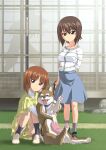  3girls animal bangs black_legwear blue_skirt brown_eyes brown_hair building casual closed_mouth cross-laced_footwear day dog dress eyebrows_visible_through_hair girls_und_panzer grass grey_legwear hand_on_own_arm head_tilt highres holding holding_animal holding_leash leash light_frown long_hair looking_at_viewer medium_dress medium_skirt mother_and_daughter multiple_girls nishizumi_maho nishizumi_miho nishizumi_shiho outdoors peeking_out shadow shiba_inu shirt shoes short_hair shouji siblings sisters skirt sliding_doors smile sneakers socks squatting standing striped striped_shirt textless white_shirt yellow_dress zummy 