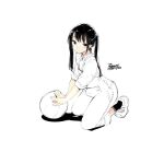  1girl ball black_hair character_request closed_mouth dated ejami kneeling long_hair looking_at_viewer monochrome overalls signature simple_background solo twintails white_background 