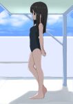  1girl absurdres arms_behind_back barefoot bishoujo_rikishi black_eyes black_hair black_swimsuit commentary_request empty_eyes feet from_side full_body hands_together highres legs long_hair one-piece_swimsuit original outdoors school_swimsuit solo swimsuit thighs toes 