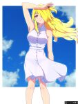  1girl alternate_costume arm_over_head arm_up armpits blonde_hair blue_sky breasts buttons clothes_lift clouds collared_dress cynthia_(pokemon) day dress dress_lift eyebrows_visible_through_hair grey_eyes hair_ornament highres long_hair pokemon pokemon_(game) pokemon_dppt sky standing user_zrnk8278 white_dress wind wind_lift 
