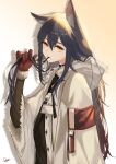  1girl absurdres animal_ear_fluff animal_ears arknights bangs black_hair brown_eyes closed_mouth food from_side fur_trim gloves hair_between_eyes hand_up highres holding holding_hair hood hood_down hooded_jacket id_card jacket kawausoman long_hair long_sleeves looking_at_viewer looking_to_the_side mouth_hold official_alternate_costume open_clothes open_jacket pocky red_gloves revision shoulder_strap sidelocks solo texas_(arknights) texas_(winter_messenger)_(arknights) upper_body white_jacket wide_sleeves wolf_ears wrist_cuffs 
