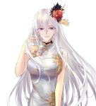  1girl absurdres azur_lane bangs bare_arms breasts china_dress chinese_clothes coat dress earrings enterprise_(azur_lane) enterprise_(blooming_peony)_(azur_lane) eyebrows_visible_through_hair flower hair_between_eyes hair_flower hair_ornament highres jewelry long_hair looking_at_viewer off_shoulder official_alternate_costume silver_hair simple_background solo suprii upper_body violet_eyes white_background 