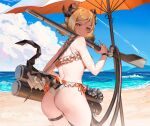  1girl aochoku arknights ass beach bikini blonde_hair blue_sky blush clouds cloudy_sky commentary commission cowboy_shot demon_girl demon_horns demon_tail english_commentary flamethrower from_behind full-face_blush gun holding holding_gun holding_weapon horns ifrit_(arknights) looking_at_viewer looking_back parasol short_hair short_twintails sky solo swimsuit tail tail_through_clothes thigh_strap thighs twintails umbrella water weapon white_bikini yellow_eyes 