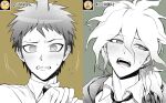  2boys ahoge bangs blush brown_background clenched_teeth collared_shirt dangan_ronpa_(series) dangan_ronpa_2:_goodbye_despair emoji hair_between_eyes hand_up hinata_hajime hood hood_down jacket komaeda_nagito medium_hair monochrome multiple_boys necktie open_mouth photo-referenced portrait ppap_(11zhakdpek19) shirt short_hair sweat teeth translation_request upper_teeth 