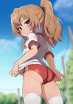  1girl absurdres adjusting_buruma adjusting_clothes aisaka_taiga ass bangs blue_sky blush brown_eyes brown_hair buruma closed_mouth clothes_pull clouds day double_vertical_stripe embarrassed eyebrows_visible_through_hair flat_chest from_behind gym_shirt gym_uniform hair_between_eyes highres long_hair looking_at_viewer looking_back olympian_bloomers outdoors ponytail pulled_by_self red_buruma shirt shirt_pull short_sleeves sky solo solo_focus sweat sweatdrop thigh-highs toradora! two-tone_shirt wakako_(wagasiorhugasi) white_legwear white_shirt 