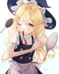  1girl apron blonde_hair bow braid buttons eyebrows_visible_through_hair hair_bow hair_tie hair_tie_in_mouth hat highres kirisame_marisa komachi_(gao_13) long_hair mirror mouth_hold puffy_sleeves red_ribbon ribbon short_sleeves single_braid solo touhou tying_hair waist_apron witch_hat yellow_eyes 