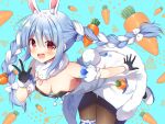  1girl :d animal_ear_fluff animal_ears bangs black_gloves black_leotard blue_background blue_hair blush bow braid breasts brown_legwear bunny-shaped_pupils bunny_tail carrot_hair_ornament commentary_request detached_sleeves don-chan_(usada_pekora) dress eyebrows_visible_through_hair food-themed_hair_ornament fur-trimmed_dress fur-trimmed_gloves fur_trim gloves hair_between_eyes hair_bow hair_ornament hololive leotard long_hair mauve multicolored_hair open_mouth pantyhose puffy_short_sleeves puffy_sleeves rabbit_ears rabbit_girl red_eyes shoes short_eyebrows short_sleeves small_breasts smile strapless strapless_dress strapless_leotard tail thick_eyebrows twin_braids twintails two-tone_hair upper_teeth usada_pekora v very_long_hair virtual_youtuber white_bow white_dress white_footwear white_hair white_sleeves 