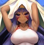  1girl absurdres b-pang bangs closed_mouth dakimakura_(medium) dark_skin eyebrows_visible_through_hair fate/grand_order fate_(series) hair_between_eyes highres long_hair looking_at_viewer lying nitocris_(fate) on_back one-piece_swimsuit purple_hair smile solo swimsuit upper_body violet_eyes white_swimsuit 