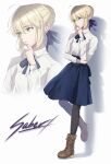  1girl absurdres ahoge artoria_pendragon_(all) black_legwear blonde_hair blue_neckwear blue_ribbon blue_skirt boots brown_footwear character_name eyebrows_visible_through_hair fate/stay_night fate_(series) finger_to_mouth green_eyes hair_bun hair_ribbon hand_on_own_arm hand_up highres knee_boots koujiro_(kouziro_1) leg_up long_sleeves medium_skirt neck_ribbon pantyhose ribbon saber shirt short_hair sidelocks simple_background skirt solo standing standing_on_one_leg white_background white_shirt zoom_layer 