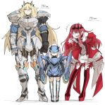  3girls anger_vein armor bangs bare_shoulders blonde_hair blue_armor blue_eyes boots breastplate breasts center_frills circlet detached_collar detached_sleeves dress earrings fate/grand_order fate_(series) faulds frills full_body gauntlets gawain_(fairy_knight)_(fate) greaves grey_eyes height_chart height_difference heterochromia horns jewelry kan_(aaaaari35) lancelot_(fairy_knight)_(fate) large_breasts laughing long_hair mask medium_breasts multiple_girls open_mouth pauldrons pink_hair pointy_ears red_dress red_footwear shoulder_armor sidelocks smile thigh-highs thigh_boots tristan_(fairy_knight)_(fate) white_hair yellow_eyes 