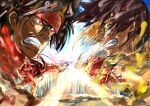  2boys aura battle brown_hair claws clenched_hand covered_abs crossover dragon_install energy_wings fighting fingerless_gloves fireseal gloves green_eyes guilty_gear guilty_gear_xrd headband helmet jacket junkyard_dog_mk_iii kazuma_(scryed) long_hair multiple_boys muscular muscular_male nanbaba orange_armor ponytail power_fist red_eyes redhead scryed shirt short_hair sol_badguy spiky_hair sword teeth weapon winged_helmet yellow_eyes 