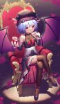  1girl alcohol alternate_costume bare_shoulders bat_wings black_legwear blue_hair bow chair cup dress drinking_glass frills hat high_heels highres jewelry kiramarukou long_fingers looking_at_viewer pendant red_eyes red_nails remilia_scarlet short_hair solo thighs touhou wine wine_glass wings 
