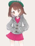  1girl arms_behind_back bangs blush brown_eyes brown_hair buttons cable_knit cardigan closed_mouth collared_dress commentary_request dress eyelashes gloria_(pokemon) green_headwear grey_cardigan hat head_tilt hooded_cardigan pink_dress pokemon pokemon_(game) pokemon_swsh satori_(sa_bird08) short_hair sketch smile solo tam_o&#039;_shanter 