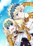  1boy 1girl blonde_hair blue_eyes blue_sky brother_and_sister castor_(fate) clouds fate/grand_order fate_(series) highres hirakawa pollux_(fate) siblings sky smile 
