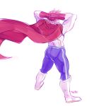  1boy addy_(@vegeebs) arms_behind_head ass blue_legwear bodysuit boku_no_hero_academia boots cape from_behind full_body kneehighs leggings male_focus muscular muscular_male protected_link red_cape short_hair skin_tight solo thighs togata_mirio white_bodysuit wind 