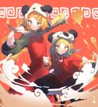  2girls animal_hood black_pants blonde_hair blue_eyes chinese_clothes clouds commentary dress fighting_stance green_hair gumi hair_ornament hairclip hood kagamine_rin multiple_girls outstretched_arms panda_hood pants red_background red_dress red_shirt shijohane shirt short_hair vocaloid whorled_clouds yellow_eyes yi_er_fan_club_(vocaloid) 