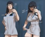  ... 1girl bangs black_hair blue_eyes blush breasts cellphone english_text grey_shirt hand_on_hip holding holding_phone hong_doo junketsu kill_la_kill kiryuuin_satsuki long_hair looking_at_viewer nose_blush open_mouth pajamas_challenge phone selfie shirt short_sleeves sidelocks sleeves_past_elbows smartphone spoken_ellipsis taut_clothes taut_shirt upper_teeth 