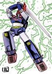 choudenji_machine_voltes_v electricity holding holding_sword holding_weapon jumping looking_down mecha no_humans ohtagaki_yasuo robot science_fiction solo super_robot sword voltes_v_(mecha) weapon yellow_eyes