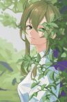 1girl commentary from_side green_eyes green_hair gumi leaf light_smile looking_to_the_side medium_hair outdoors plant shirt sidelocks solo upper_body vocaloid white_shirt wounds404 