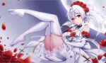  1girl bangs bare_shoulders bridal_veil daidailong dress elbow_gloves flower full_body full_moon gloves hair_between_eyes hair_flower hair_ornament honkai_(series) honkai_impact_3rd looking_at_viewer moon no_shoes petals red_eyes red_flower rose soles solo theresa_apocalypse theresa_apocalypse_(luna_kindred) thigh-highs toes veil wedding_dress white_dress white_gloves white_hair white_legwear 