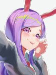  1girl animal_ears bangs black_jacket blazer blush closed_mouth commentary cookie_(touhou) eyebrows_visible_through_hair highres hisui_(cookie) jacket johnnyyyyy long_hair long_sleeves looking_at_viewer necktie portrait purple_hair rabbit_ears red_neckwear reisen_udongein_inaba selfie shiny shiny_hair shirt simple_background smile solo swept_bangs tongue tongue_out touhou violet_eyes white_background white_shirt 