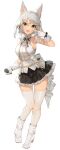  1girl :d akizone animal_ears boots breasts brown_eyes commentary final_fantasy final_fantasy_xiv full_body gloves highres looking_at_viewer miniskirt open_mouth short_hair simple_background skirt smile solo standing thigh-highs white_background white_footwear white_gloves 