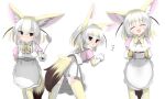 1girl :3 animal_ears apron blonde_hair blush bow bowtie commentary_request cowboy_shot elbow_gloves embarrassed extra_ears fennec_(kemono_friends) fox_ears fox_girl fox_tail gloves gradient gradient_legwear highres karekusa_meronu kemono_friends ladle leaning_in looking_at_viewer multicolored_hair multiple_views nose_blush oven_mitts pink_sweater pleated_skirt pot puffy_short_sleeves puffy_sleeves short_hair short_sleeves skirt solo sweater tail thigh-highs triangle_mouth two-tone_gloves two-tone_hair two-tone_legwear white_apron white_gloves white_hair white_legwear white_skirt yellow_gloves yellow_legwear yellow_neckwear zettai_ryouiki 