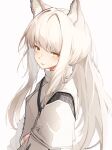  1girl absurdres animal_ears arknights blush commentary eyebrows_visible_through_hair highres horse_ears jacket long_hair looking_at_viewer open_mouth platinum_(arknights) simple_background solo tab_head upper_body white_background white_hair white_jacket yellow_eyes 