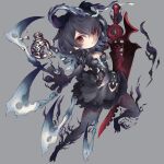  1girl alice_(sinoalice) apron belt belt_buckle black_hair buckle chibi claws corruption dark_persona dress eyebrows_visible_through_hair grey_background hairband highres holding holding_sword holding_weapon looking_at_viewer open_mouth parted_lips pocket_watch red_eyes short_hair simple_background sinoalice solo spoilers sword tattoo torn_clothes watch weapon xxviii_xi 