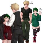  1boy 1girl bakugou_katsuki bangs black_gloves black_pants black_shirt black_shorts black_vest blonde_hair boku_no_hero_academia collarbone earphones earrings freckles gloves green_eyes green_hair green_hoodie green_pants grey_background grin height_difference highres holding_hands hood hoodie jacket jewelry long_sleeves looking_at_another mask midoriya_izuku mouth_mask multiple_views muscular muscular_male nail_polish open_clothes open_jacket pants red_footwear red_nails red_shirt rin_(rinriemie) shirt shirt_half_tucked_in shirt_tucked_in shoes shorts skindentation smile striped striped_shirt teeth thigh-highs twitter_username vest white_shirt 