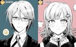  1boy 1girl anger_vein annoyed bangs blunt_bangs blush collared_shirt dangan_ronpa:_trigger_happy_havoc dangan_ronpa_(series) dangan_ronpa_2:_goodbye_despair emoji eyebrows_visible_through_hair face flipped_hair formal glasses green_background jacket looking_at_viewer medium_hair nanami_chiaki neck_ribbon photo-referenced pink_background pout ppap_(11zhakdpek19) ribbon shirt sleeves_past_wrists spoken_squiggle squiggle togami_byakuya translation_request two-tone_shirt 