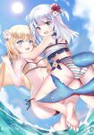  2girls :d ass bangs bare_arms bare_legs bare_shoulders barefoot bikini blonde_hair blue_eyes blue_hair blue_sky blush breasts clouds commentary_request day eyebrows_visible_through_hair fish_tail flower frilled_bikini frills gawr_gura hair_flower hair_ornament hibiscus hololive hololive_english looking_at_viewer lunacats medium_breasts multicolored_hair multiple_girls navel open_mouth outdoors red_flower shark_tail signature silver_hair sky smile soles streaked_hair striped striped_bikini sun swimsuit tail two_side_up upper_teeth virtual_youtuber water watson_amelia white_flower 